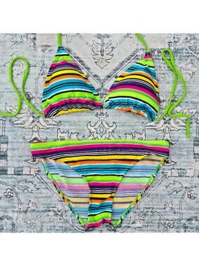 Y2K Colorful Neon Striped Bikini Size S Low Rise Triangle Top 2 Piece 2000s